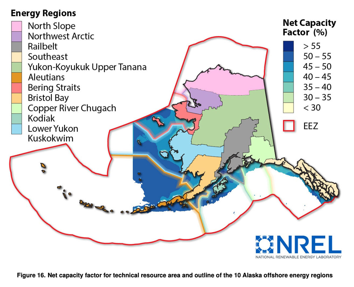 Net capacity factor for technical resource area and outline of the 10 Alaska offshore energy regions